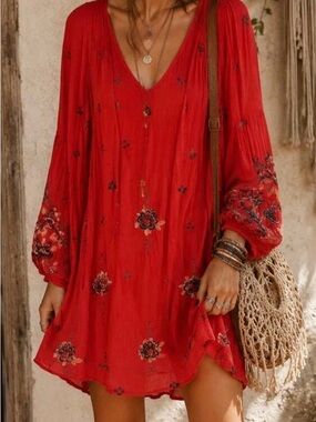 Free People, Bohemian Red Floral V-Neck Tunic Dress
